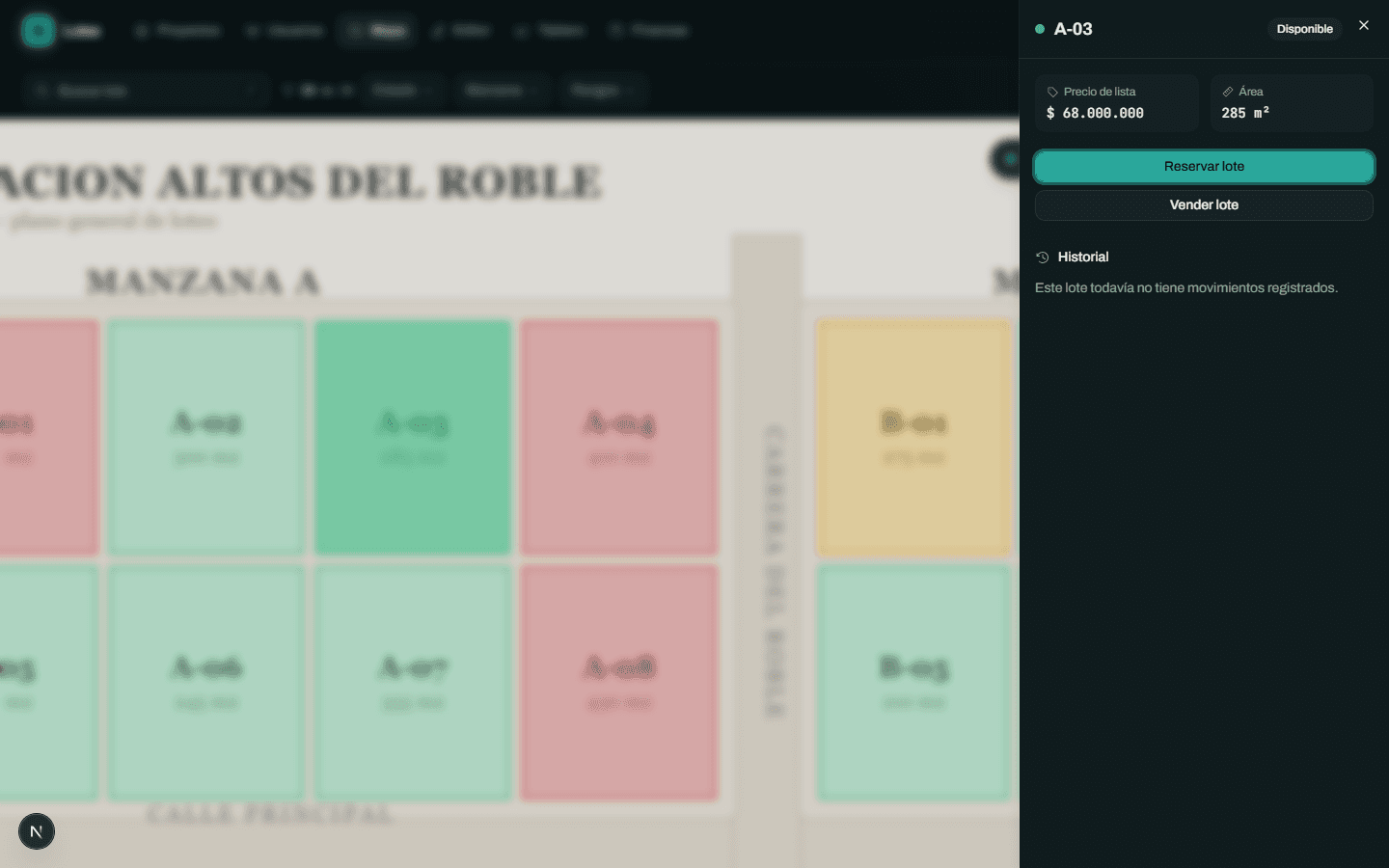 Ficha de un lote en Solar con estado, precio, plan de pagos y acciones de venta