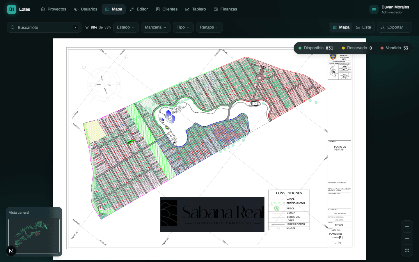 Mapa interactivo de Solar mostrando el proyecto Sabana Real con 1.886 lotes y el panel de ventas